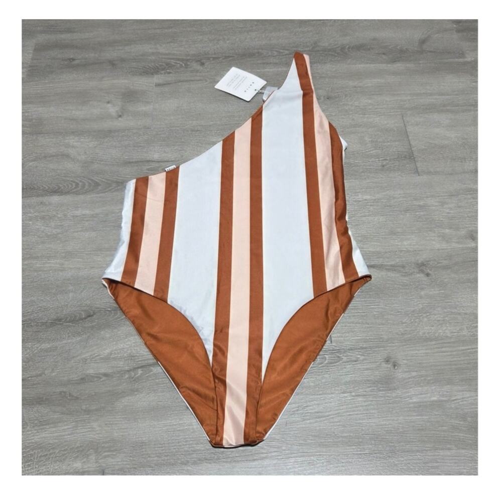 Baiia One Shoulder Retro Striped Reversable One Piece Swimsuit Size 16 NWT